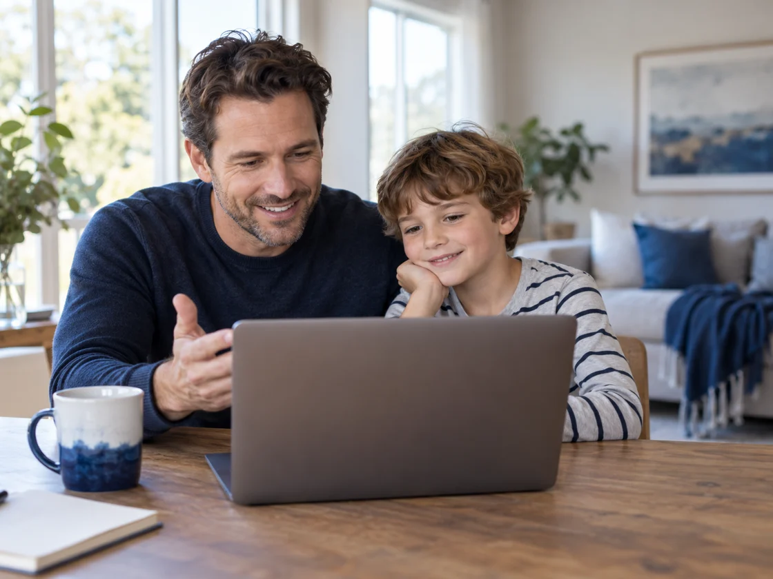 Illustrative parent and child taking part in a virtual consultation