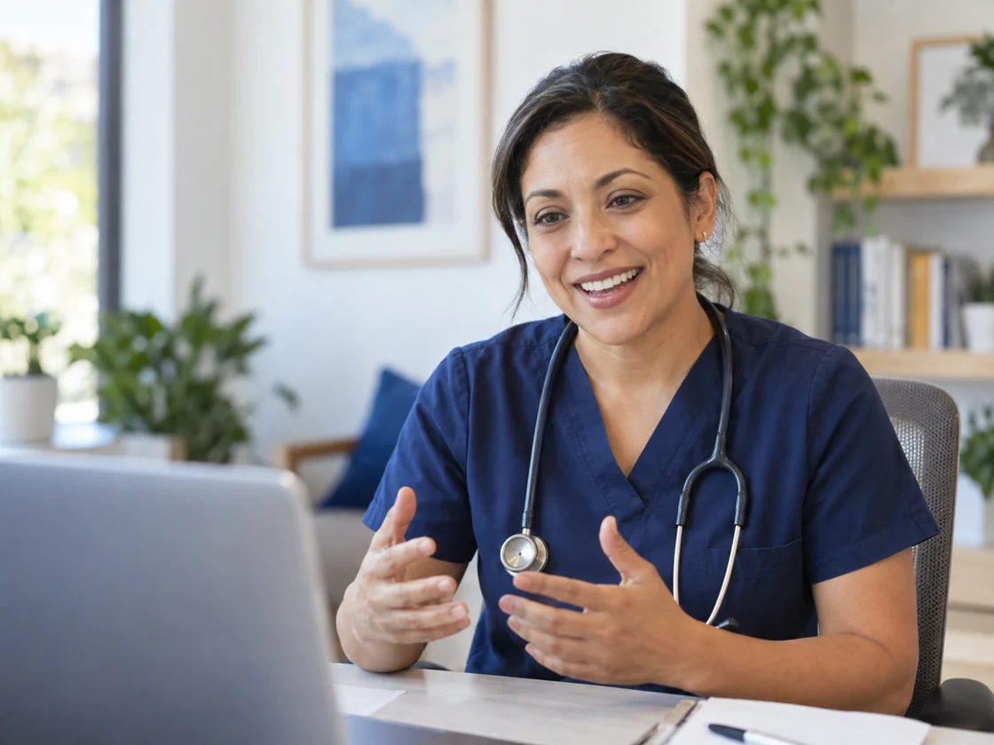 Illustrative physician speaking with a patient during a virtual consultation
